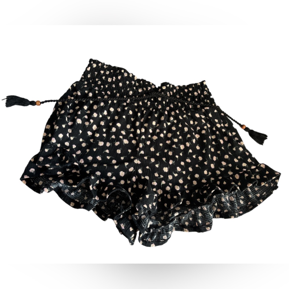 black ruffle shorts with braided beaded drawstring and pink flowers printed